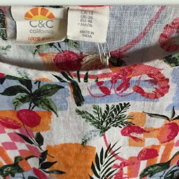 C&C California 100% Linen Top Shirt Blouse SZ 1X floral fruit print New w/tags - Picture 3 of 5